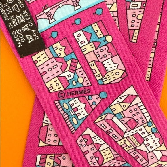 ❌SOLD❌HERMES Rive Droite Rive Gauche Silk Twilly Bandeau Set - Rose - Picture 7 of 7